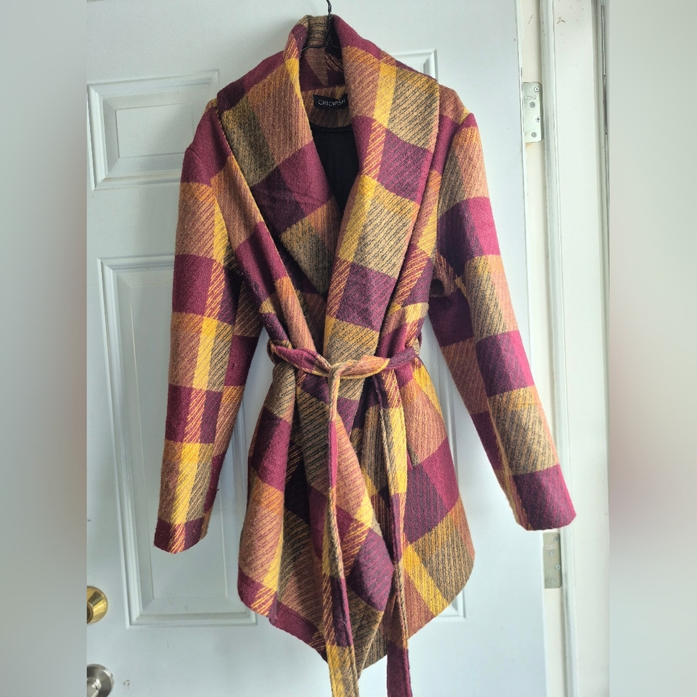 Chicwish Prairie Rabato Wrap Fall Coat Jacket Wool Burgundy/Mustard Yellow Plaid